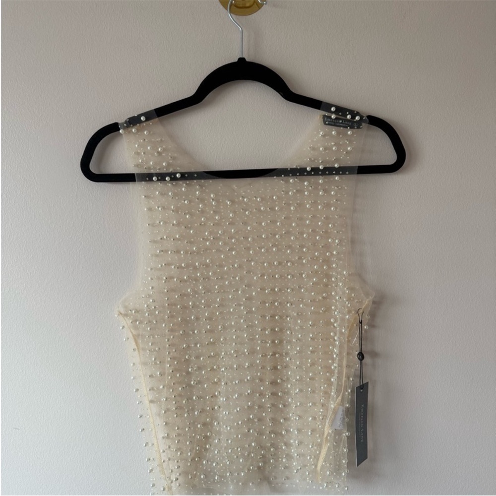 Pearl-Embellished Cream Sleeveless Top